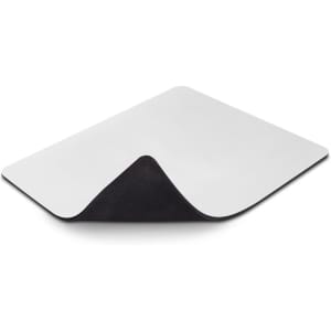 A slimline mouse mat featuring a white top surface and a black underside, with a slight curve at the edge.