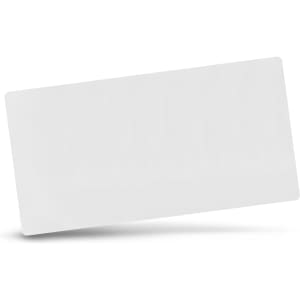 A sleek white desk mat with a smooth surface and rounded corners, featuring a logo.