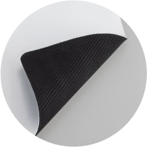 A desk mat featuring a grey top surface and a textured black underside, designed for office use.