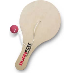 A wooden paddle ball game in natural colour, featuring a red ball and a logo.