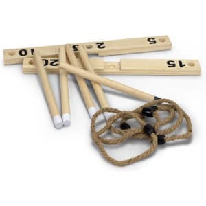Wooden stakes and rings in natural colour with black markings for a Ring Toss Game, featuring a logo.