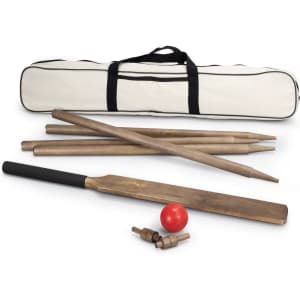 A Boundary Cricket Set featuring a brown bat, stumps, ball, and carrying bag in cream with black straps.