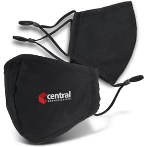 A set of black face masks featuring adjustable ear loops and a logo.