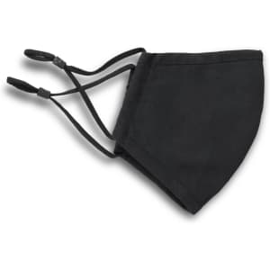 A Luxe Face Mask in black with adjustable ear straps for a secure fit. Features a simplistic design and includes a logo.