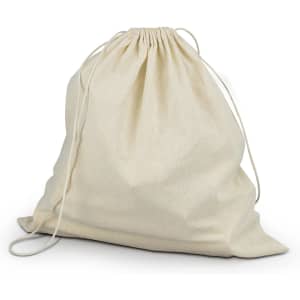 A natural-coloured drawstring bag made of fabric, designed for storage or carrying items.