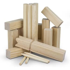 A collection of wooden blocks in various shapes and sizes, featuring a natural finish and light timber colour.