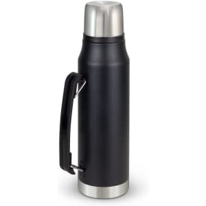A drink bottle in matte black with a stainless steel base and a handle, featuring a silver cap and a logo.