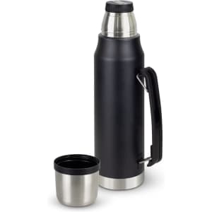 A drink bottle in matte black with a stainless steel cap and handle, accompanied by a matching cup.