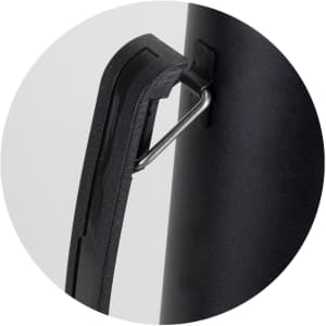 A drink bottle with a black textured surface and a metal clip attached to its side.
