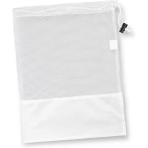 A white drawstring mesh bag with a solid white bottom and a black toggle closure. It features a logo.