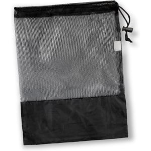 A black drawstring mesh bag with a solid black base, featuring a toggle closure and a logo.