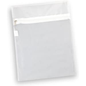 A mesh laundry bag in white with a zip closure, featuring a transparent design.