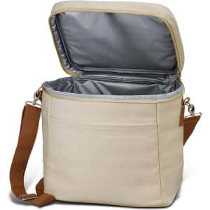 A beige cooler bag with a grey insulated interior and a brown strap; it has an open top and a front pocket.
