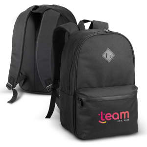 A black backpack featuring a front pocket and a logo, with padded straps and a sleek design.