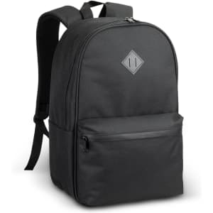 A black backpack with a smooth finish, featuring a front pocket and a logo on the front.