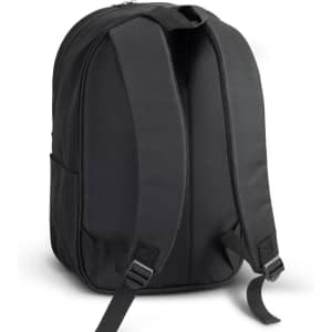 A black backpack with padded straps and a spacious compartment, featuring a logo on the side.