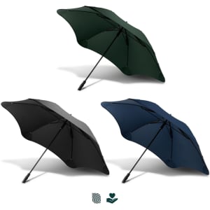 Three BLUNT Sport Umbrellas in black, dark green, and navy blue, featuring a sleek design and a logo.