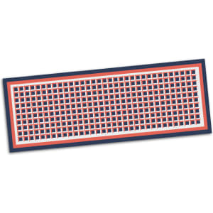 A long rectangular scarf featuring a grid pattern in navy, orange, and white colours, with a branded edge.