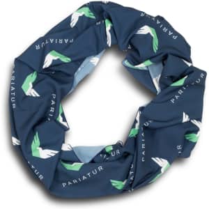 A blue infinity scarf featuring green and white designs, with a logo and branding present.
