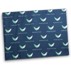 A navy blue scarf featuring a repeating pattern of green and white wings, with a brand logo.