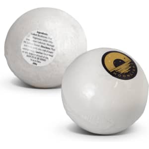 Two white bath bombs with a logo, featuring rounded shapes and a smooth finish.