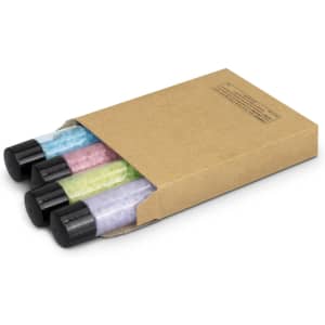 A set of three bath salt tubes in pastel colours, packaged in a brown kraft box. Each tube has a black cap.