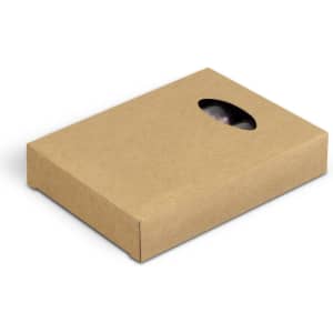 A brown cardboard box containing a spa bath salt set, featuring a window to view the contents inside.