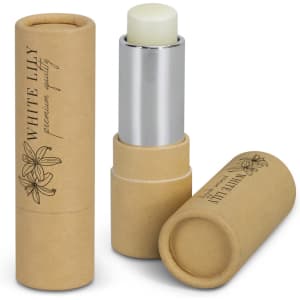 A kraft lip balm in a cylindrical cardboard tube, featuring a silver cap and a white balm inside.