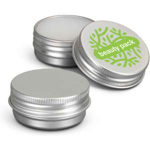 A silver lip balm tin with a smooth surface and one featuring a green logo. Three tins are pictured.