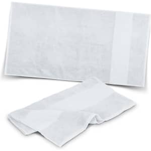 A white gym towel set displayed with a larger towel and a smaller hand towel, featuring a simple design.