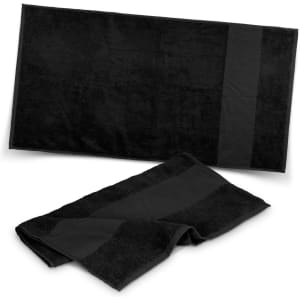 A black gym towel set featuring a large towel and a smaller towel, both with a subtle stripe design.