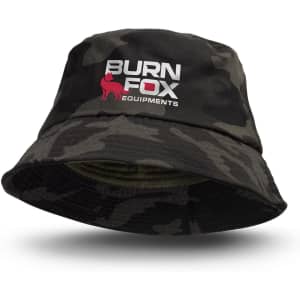 A camouflage bucket hat in shades of green and grey, featuring a logo on the front.