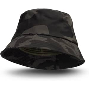 A camouflage bucket hat featuring dark green and black patterns, with a soft brim and inner lining.