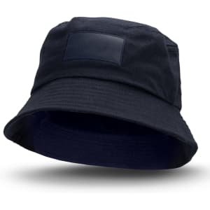 A navy bucket hat with a patch area, featuring a wide brim and a relaxed fit.