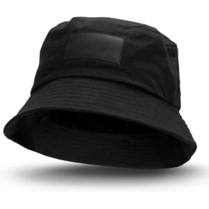 A black bucket hat featuring a patch, showcasing a wide brim and a simple design.