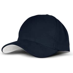 A navy blue cap featuring a white peak and a simple design, with a logo displayed on the front.