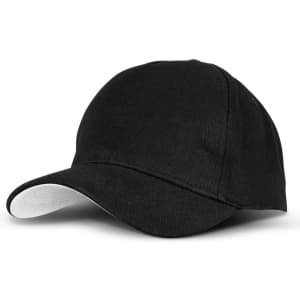 A black cap with a white underside on the brim and a logo.