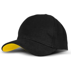 A black cap with a yellow underside on the brim and a logo on the front.