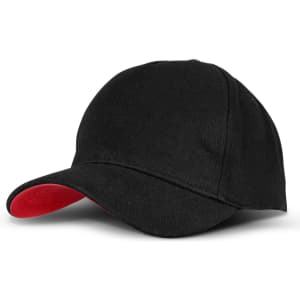 A black cap with a red underside on the brim and a logo present on the front.