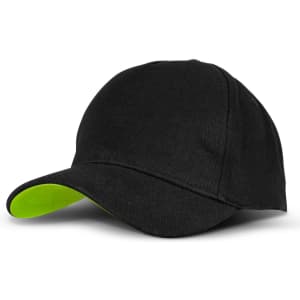 A black cap with a bright green underside on the peak. It features a logo on the front.