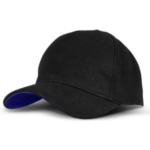 A black cap with a blue underside on the brim, featuring a logo on the front.