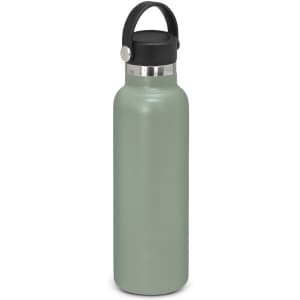 A drink bottle in a matte green finish with a black carry lid and a stainless steel band. Features a logo.