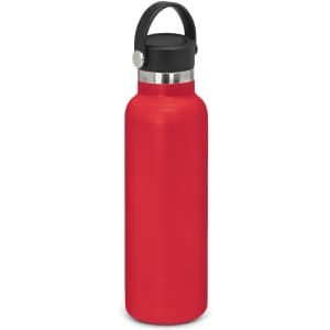 A drink bottle in vibrant red with a black carry lid and stainless steel detail. It features a sleek design and branding.
