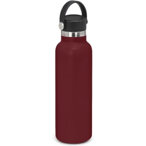 A drink bottle in deep red with a carry lid and metal accent, featuring a handle for easy transport.