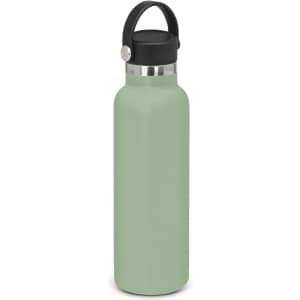 A drink bottle in a light green colour with a black carry lid and a stainless steel base. Features a branding logo.
