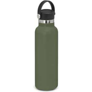 A drink bottle in matte olive green with a black carry lid and a metal accent. It features a logo.