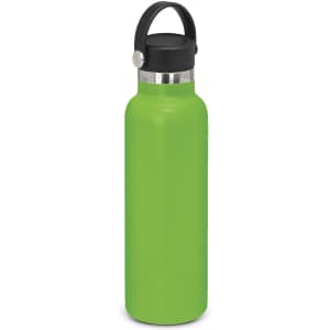 A drink bottle in vibrant green with a stainless steel base and a black carry lid. Features a logo on the side.