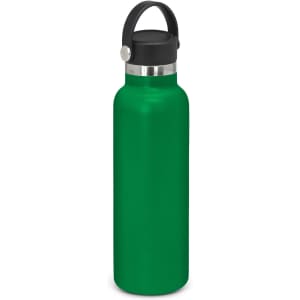 A drink bottle in vibrant green with a carry lid and a stainless steel band near the top. It features branding.