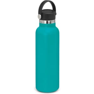 A drink bottle in teal with a black carry lid and a stainless steel band. It features a simple, modern design.