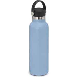 A drink bottle in light blue with a silver rim and a black carrying lid. It features a logo.